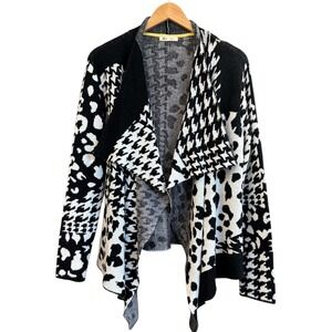 OVLA Women‎ Black White Mixed Print Open Waterfall Cardigan Sweater M #327